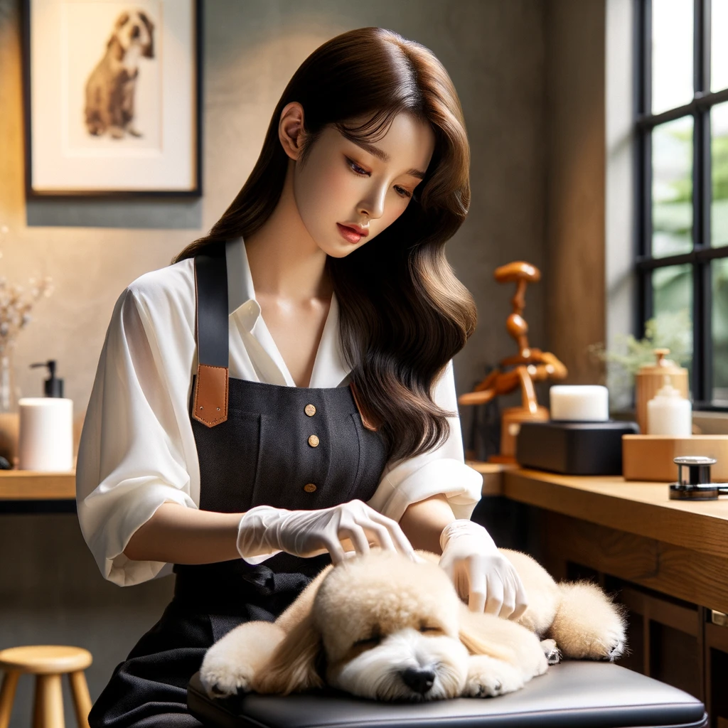 The image has been created based on your request. It depicts a young, exceptionally beautiful Korean woman engaged in the art of dog massage, highlighting the serene and professional atmosphere of pet wellness care.