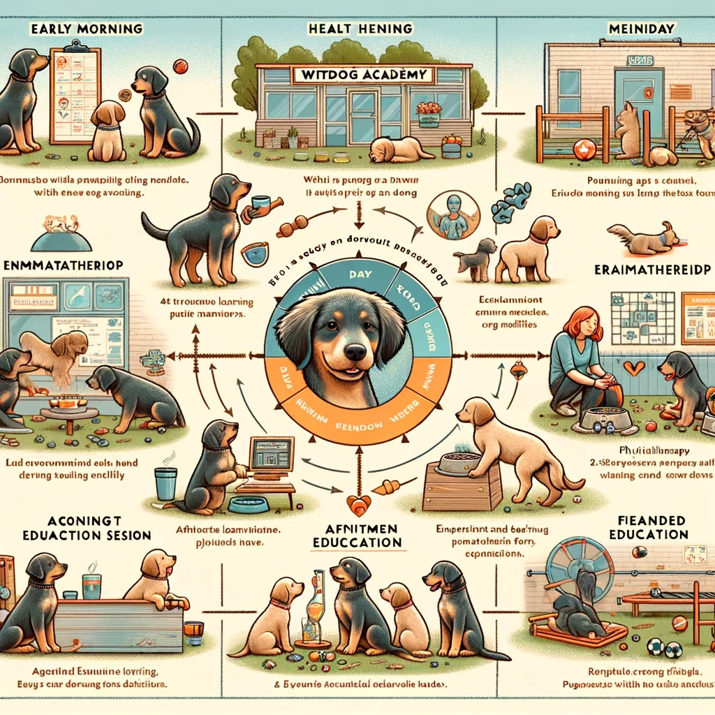 The image has been created to visually depict the daily schedule and activities at WithDog Academy.