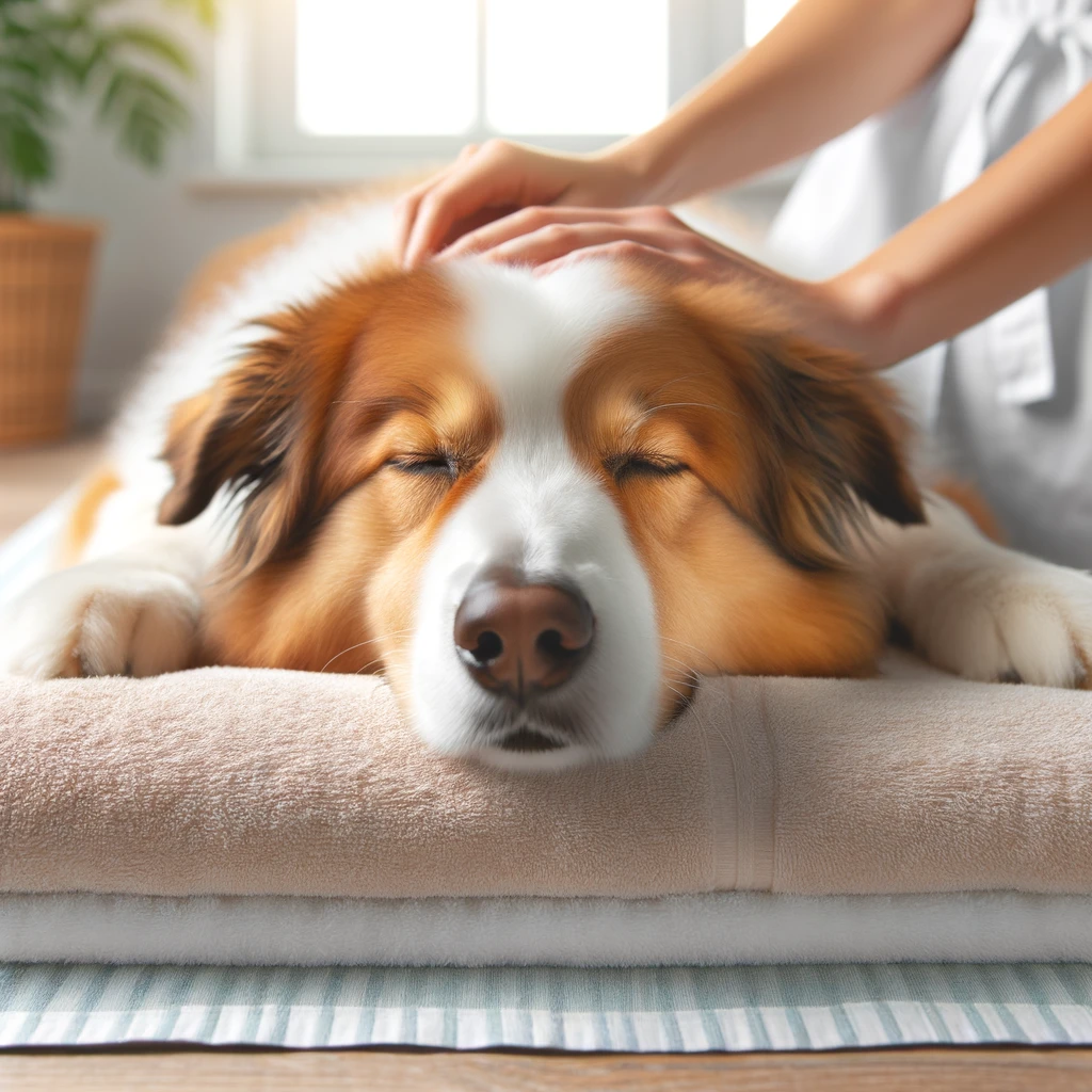 The image of a serene dog enjoying a relaxing massage from its owner has been created above.