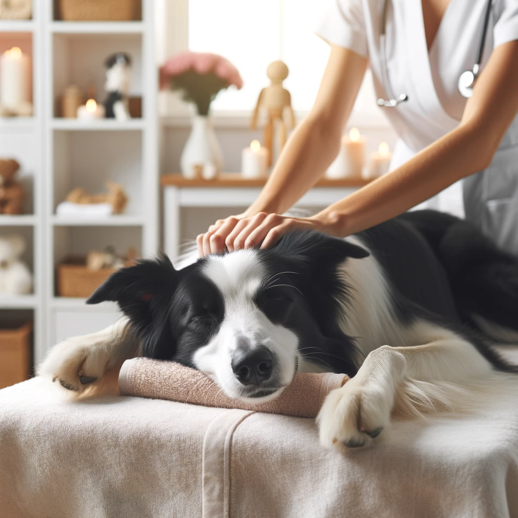The image has been created, showcasing a Border Collie receiving a massage in a dog massage parlor.